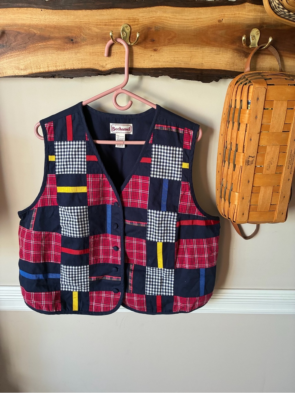 Bechamel Patchwork Quilt Vest Gingham Plaid Madras Vest 1X XL Vintage Cottage